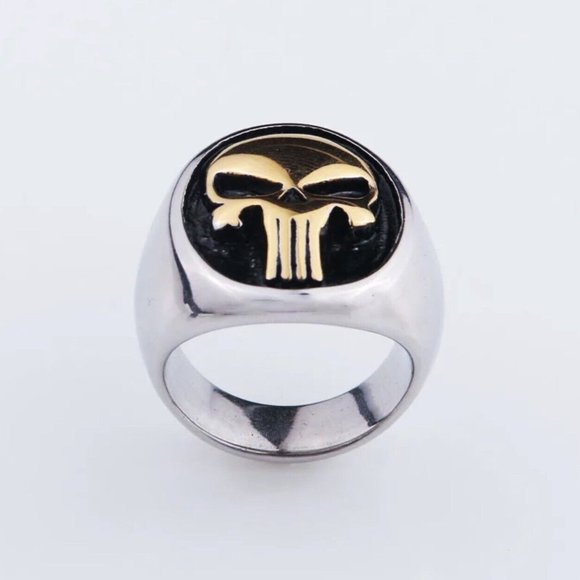 New Gold Plated Tone Stainless Steel Mens Biker Punisher Skull Ring Size 7-15 - Picture 2 of 8